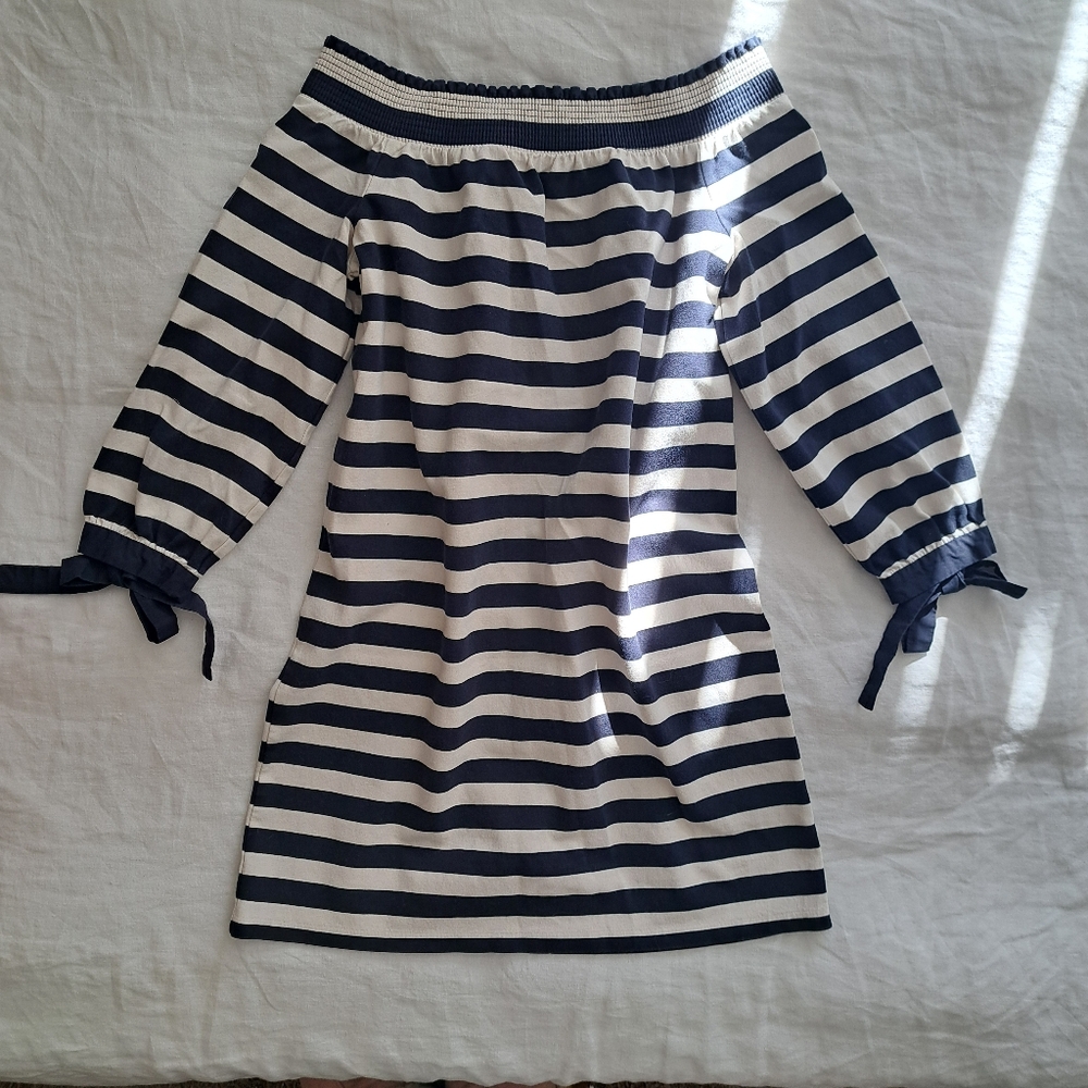 J. Crew Navy and White Striped Women's Off-the-Shoulder Top Size XXS